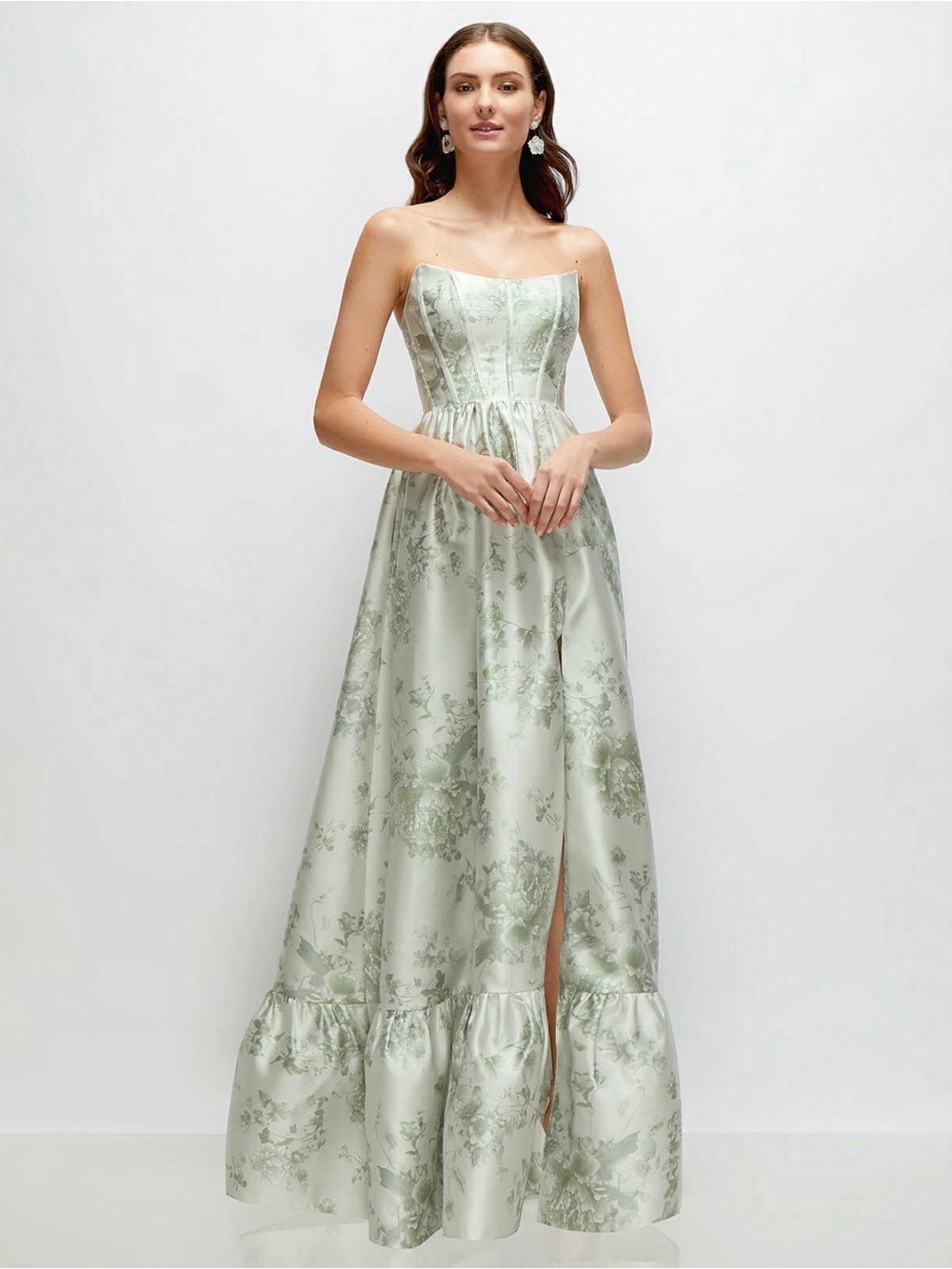 FLORAL STRAPLESS CAT-EYE BONED BODICE MAXI DRESS WITH RUFFLE HEM